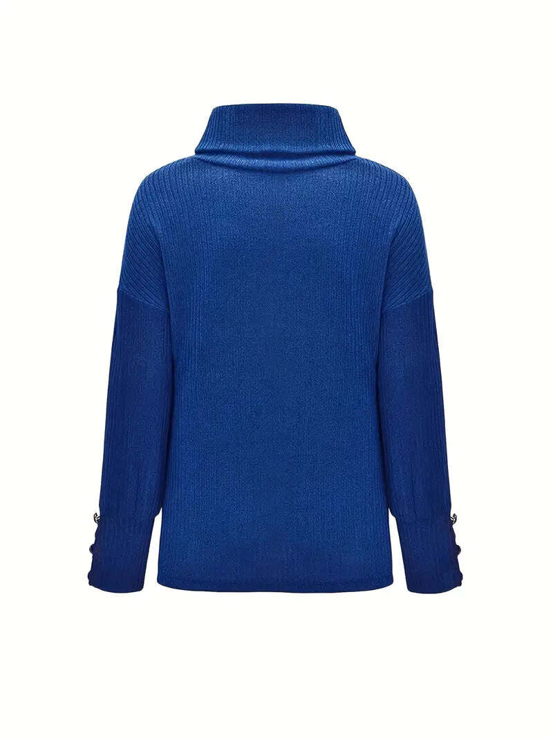 Women’s Turtleneck Jumper with Button Sleeve Detail and Relaxed Fit
