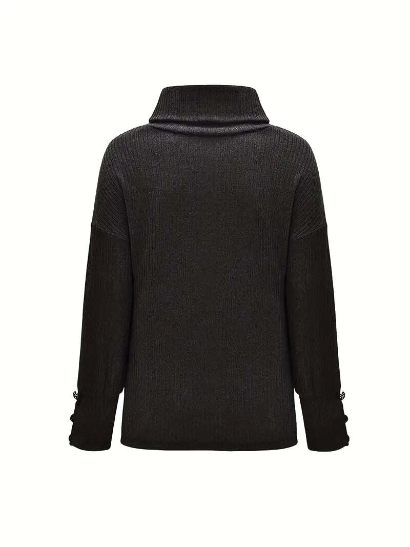 Women’s Turtleneck Jumper with Button Sleeve Detail and Relaxed Fit