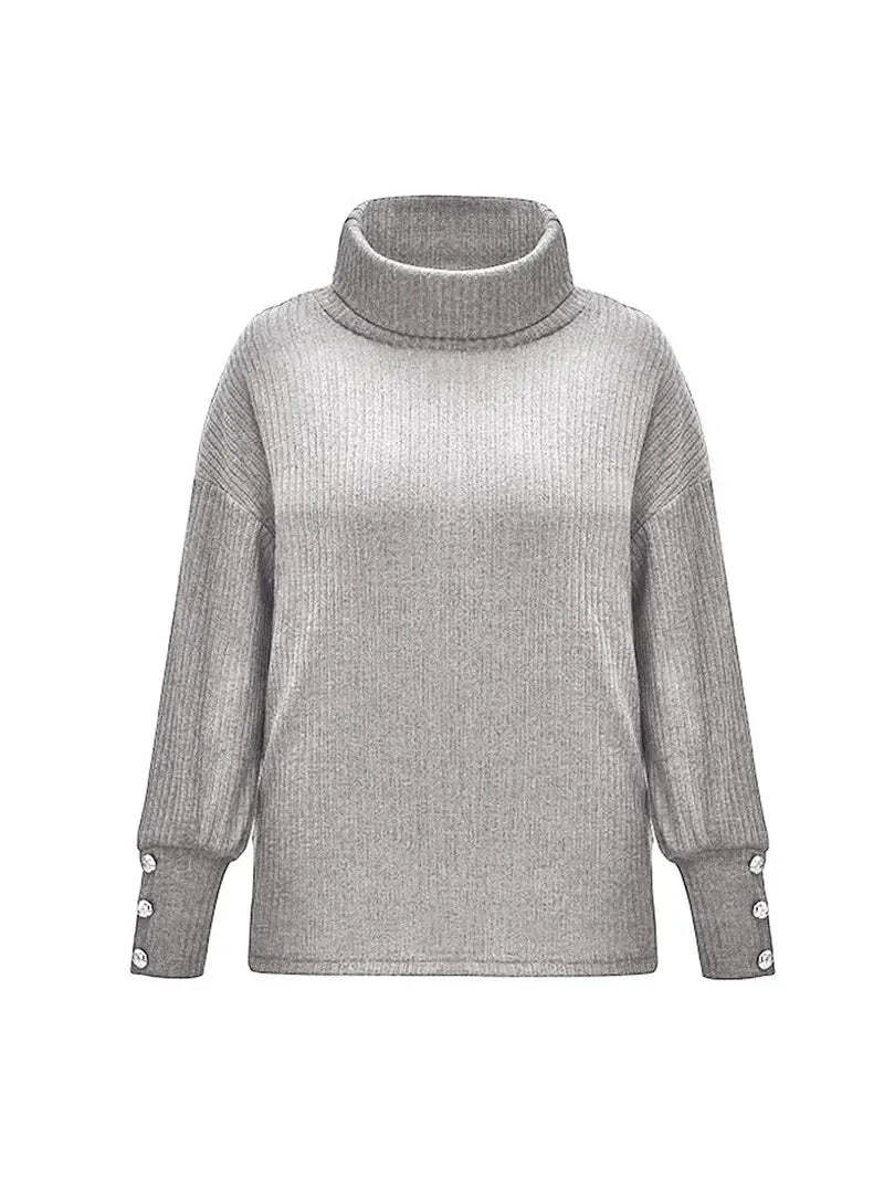 Women’s Turtleneck Jumper with Button Sleeve Detail and Relaxed Fit