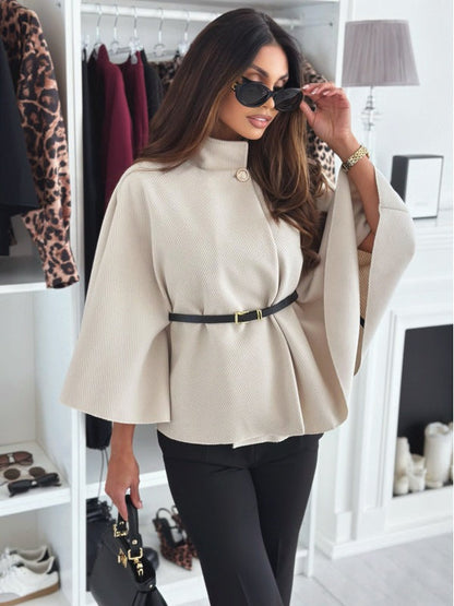 Women's Cape Coat with High Neck and Belted Waist