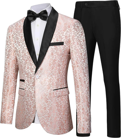 Men's Tuxedo Suit with Shiny Lapel and Patterned Blazer Two Piece Set