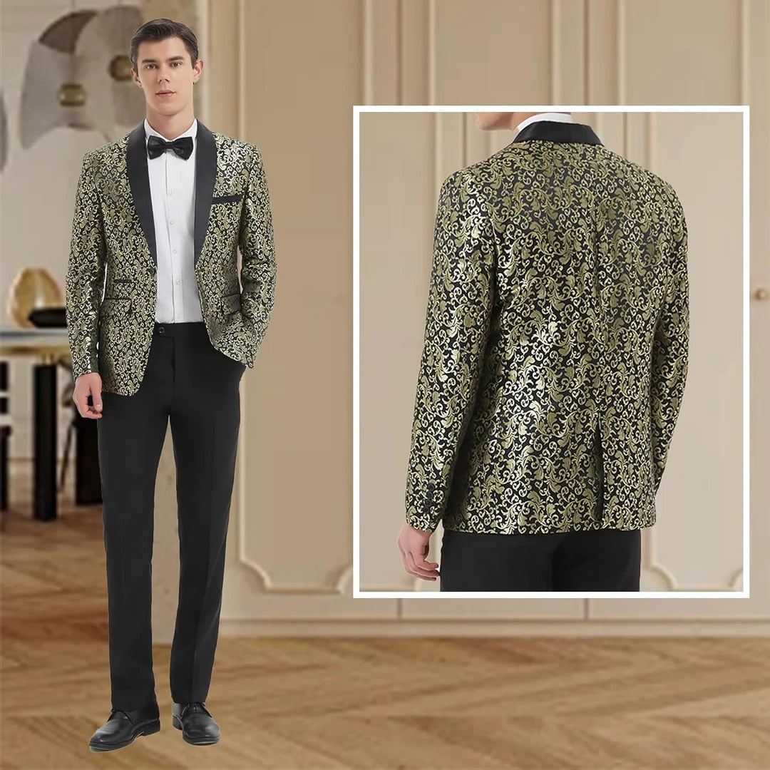 Men's Tuxedo Suit with Shiny Lapel and Patterned Blazer Two Piece Set
