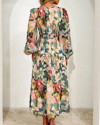Women's Long-Sleeve Maxi Dress with Floral Print and V-Neck