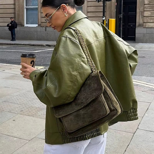 Women's Oversized Jacket with Zip Front and Flap Pockets