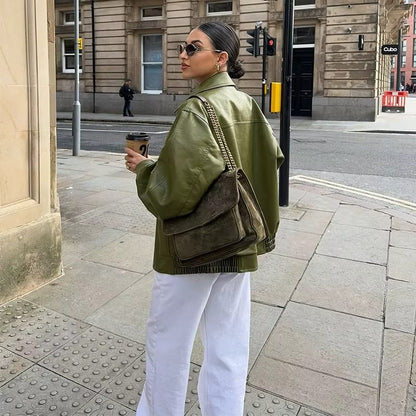 Women's Oversized Jacket with Zip Front and Flap Pockets