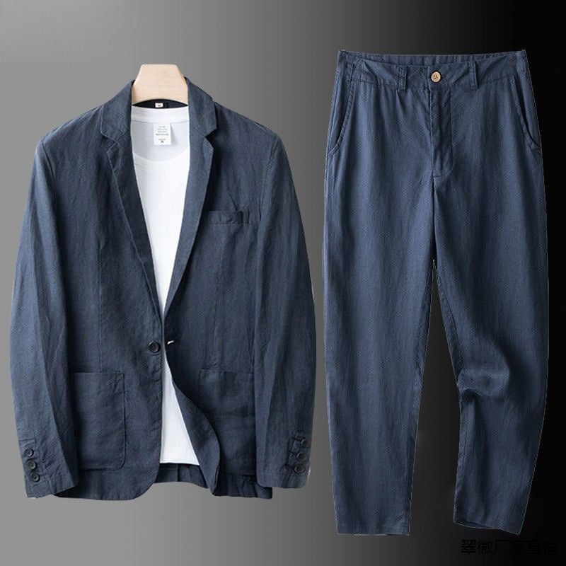 Men's Two-Piece Set Casual Suit with Lightweight Blazer and Relaxed Trousers