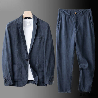 Men's Two-Piece Set Casual Suit with Lightweight Blazer and Relaxed Trousers