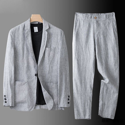 Men's Two-Piece Set Casual Suit with Lightweight Blazer and Relaxed Trousers