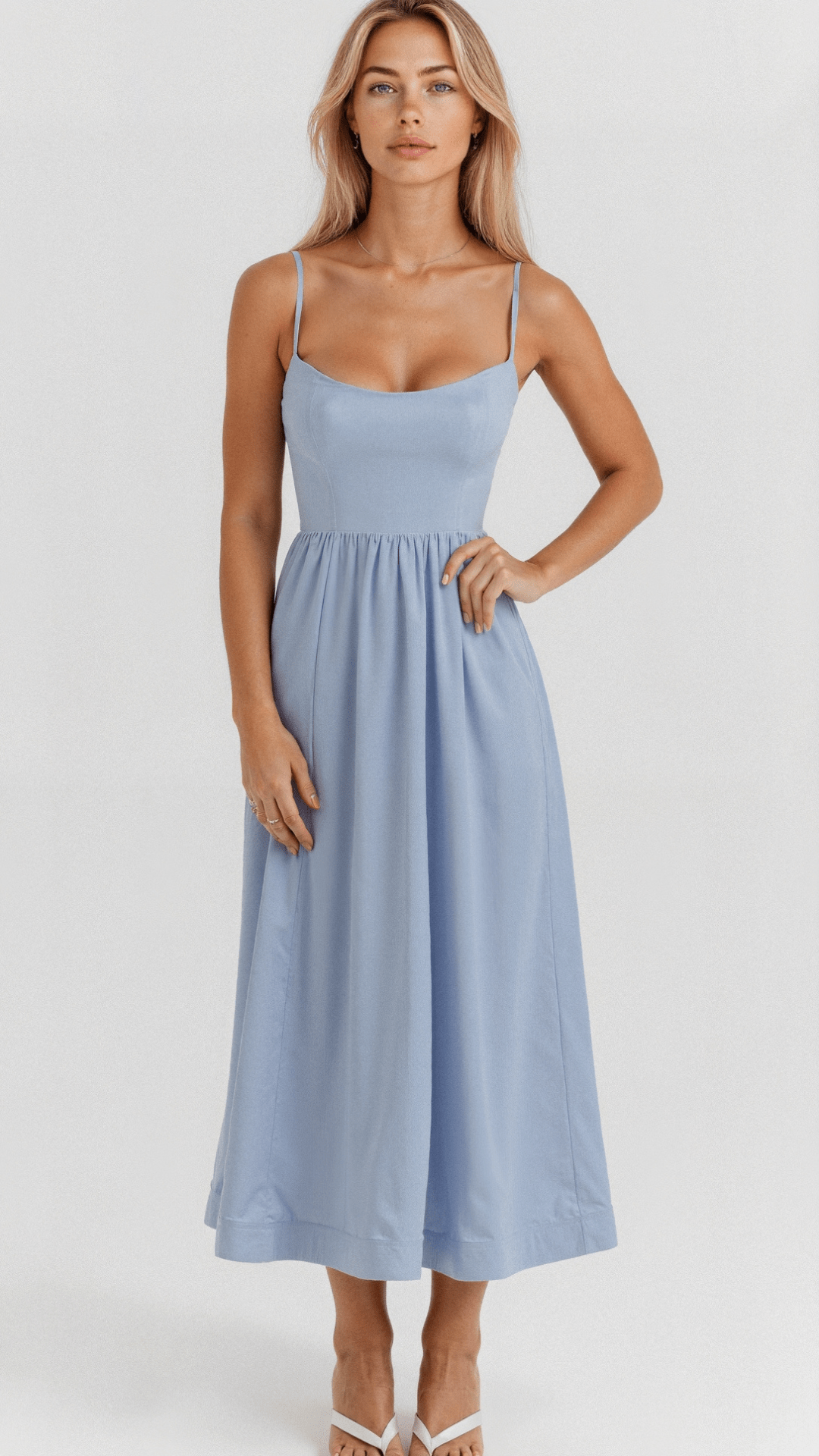 Women's Midi Dress with Spaghetti Straps and A-Line Silhouette