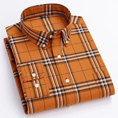 Men's Casual Long Sleeve Plaid Shirt with Button Down Front