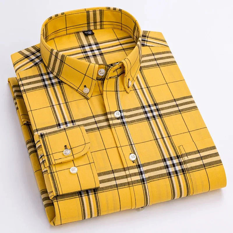 Men's Casual Long Sleeve Plaid Shirt with Button Down Front