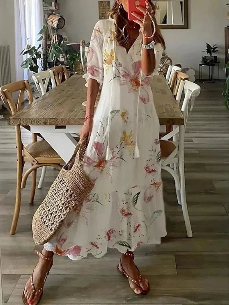 Women's Flowy Floral Long Dress with Sleeves