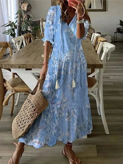 Women's Flowy Floral Long Dress with Sleeves