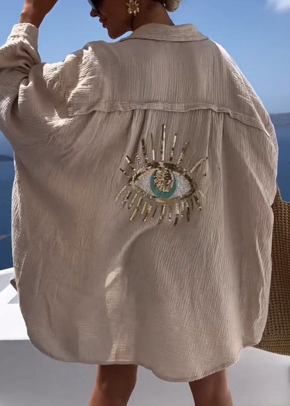 Women's Oversized Long-Sleeve Shirt with Embroidered Back Detail