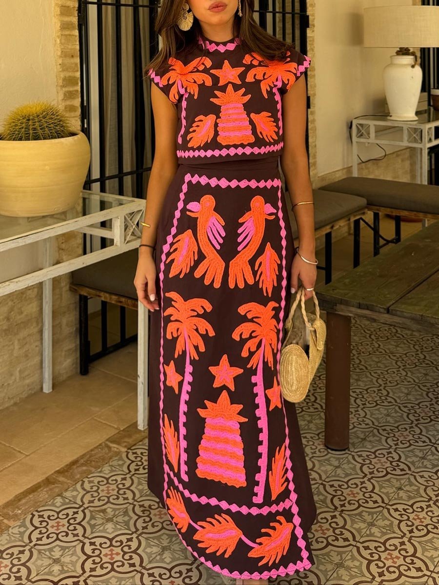 Women's Embroidered Crop Top and High-Waisted Skirt Two-Piece Set