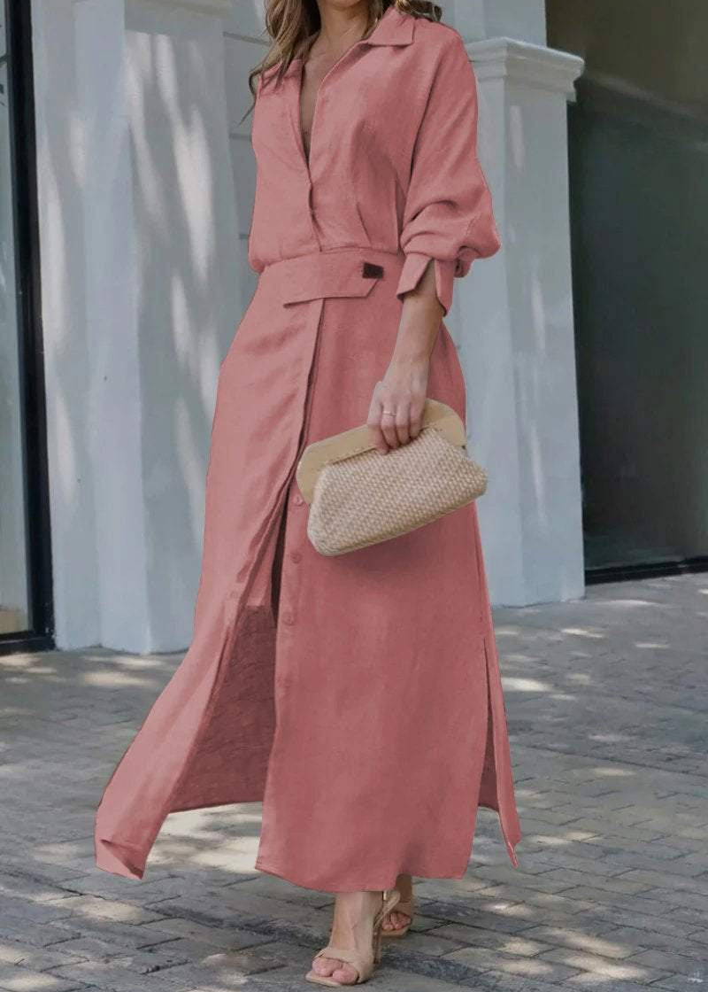 Women's Belted Shirt Maxi Dress with Front Slit and Button Detail