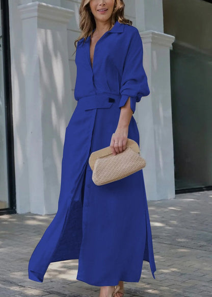 Women's Belted Shirt Maxi Dress with Front Slit and Button Detail