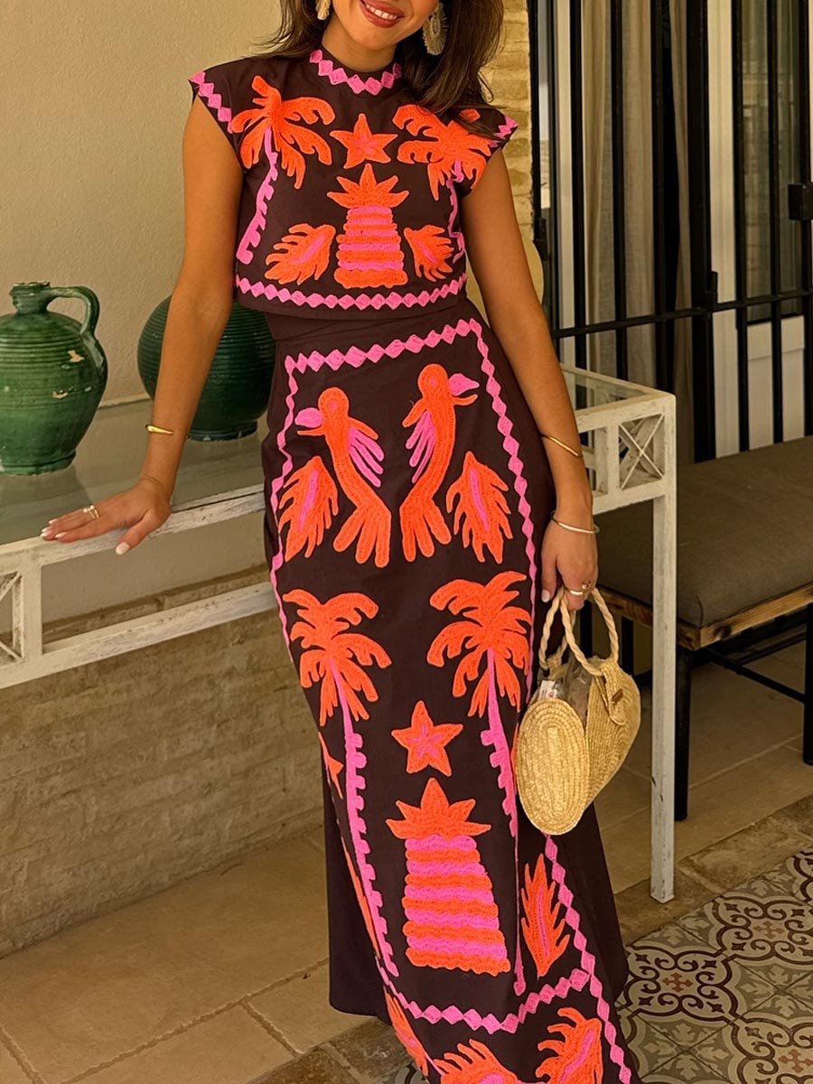 Women's Embroidered Crop Top and High-Waisted Skirt Two-Piece Set