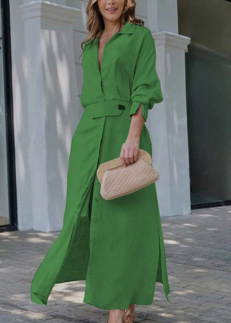 Women's Belted Shirt Maxi Dress with Front Slit and Button Detail
