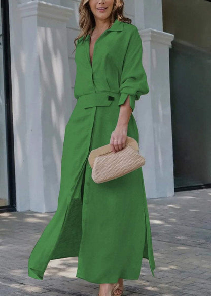 Women's Belted Shirt Maxi Dress with Front Slit and Button Detail