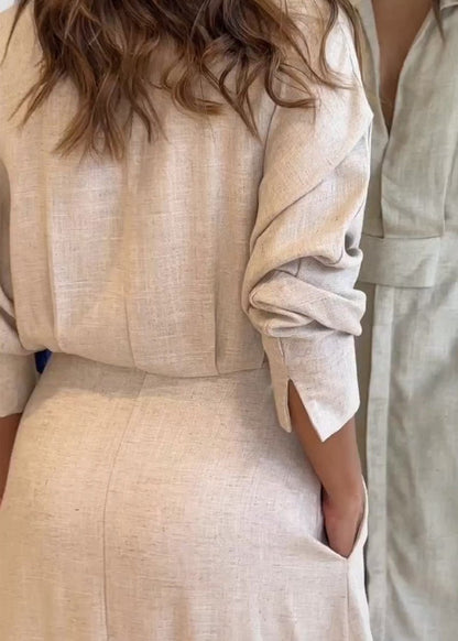 Women's Belted Shirt Maxi Dress with Front Slit and Button Detail