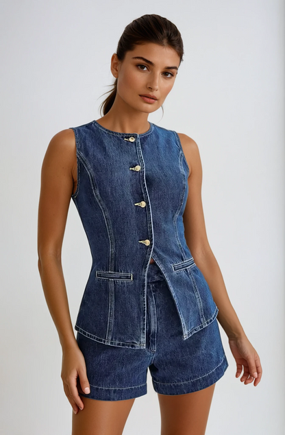Women's Sleeveless Button-Up Denim Two-Piece Set with Fitted Vest and Shorts