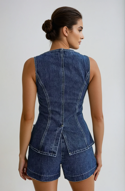 Women's Sleeveless Button-Up Denim Two-Piece Set with Fitted Vest and Shorts