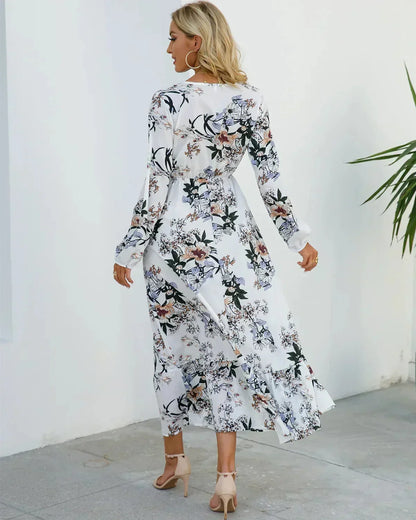 Women's Long Sleeve Maxi Dress with Floral Print and Flowing Fit