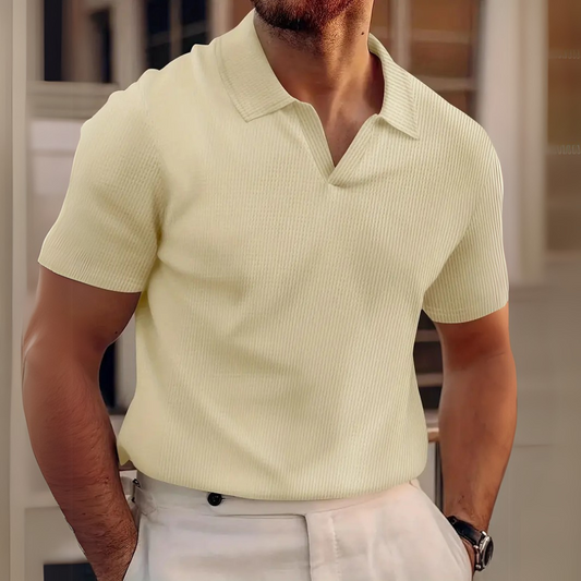 Men's Short Sleeve Ribbed Polo Shirt with V-Neck Collar