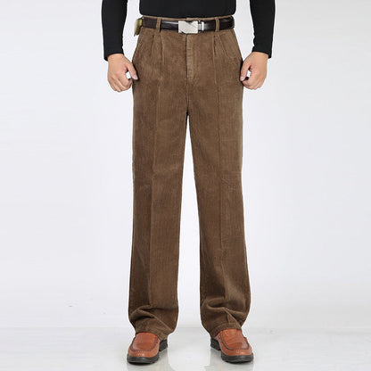 Men's Corduroy Trousers Wide Leg Classic Fit with Pleats and Belt Loops