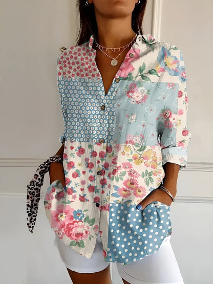 Women's Floral Button-Up Blouse with Long Sleeves and Relaxed Fit