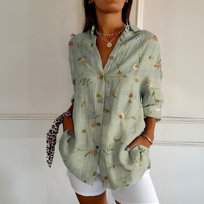 Women's Floral Button-Up Blouse with Long Sleeves and Relaxed Fit