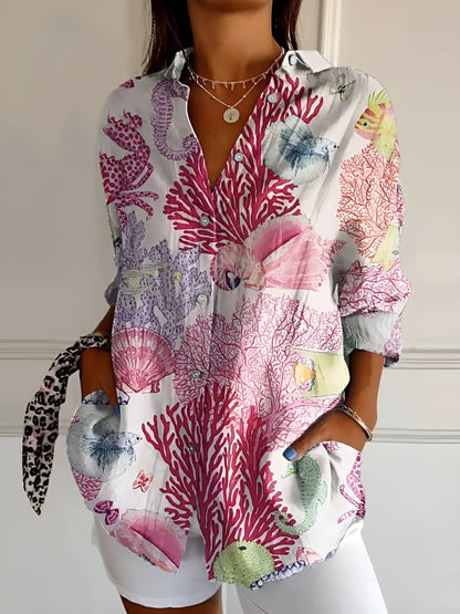 Women's Floral Button-Up Blouse with Long Sleeves and Relaxed Fit