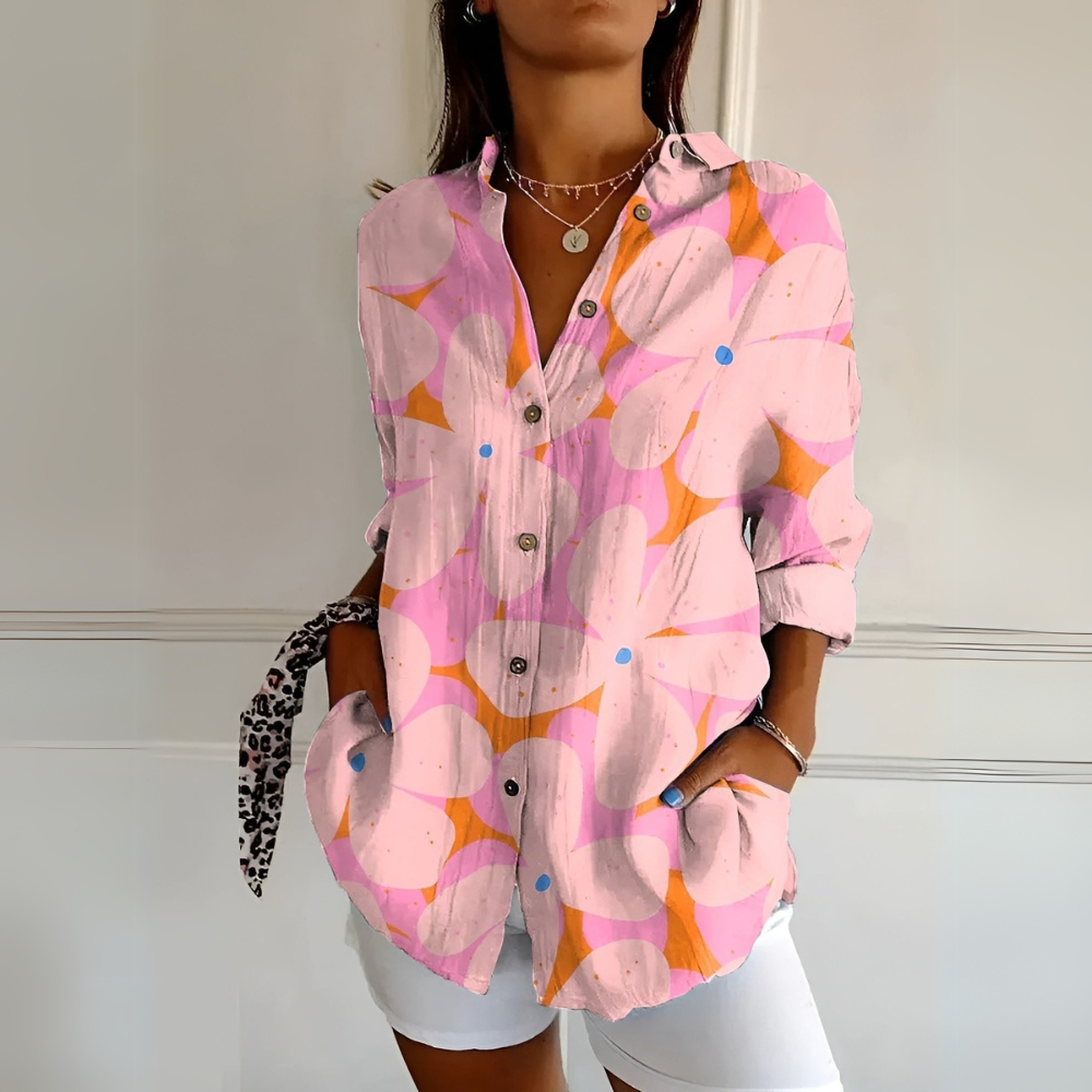 Women's Floral Button-Up Blouse with Long Sleeves and Relaxed Fit