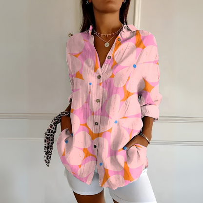 Women's Floral Button-Up Blouse with Long Sleeves and Relaxed Fit
