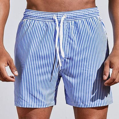 Men's Striped Swim Shorts with Drawstring Waist and Side Pockets