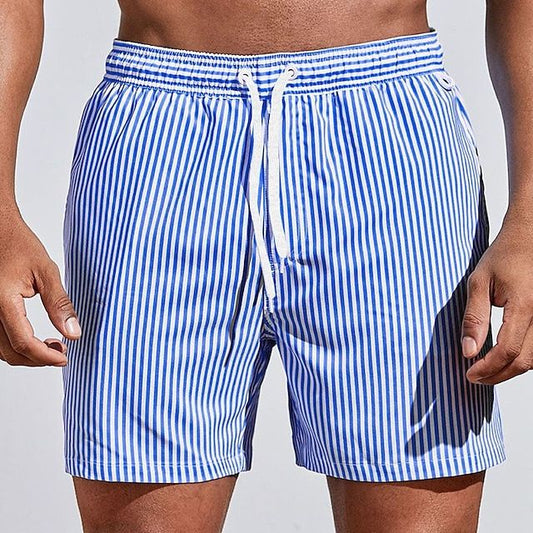 Men's Striped Swim Shorts with Drawstring Waist and Side Pockets