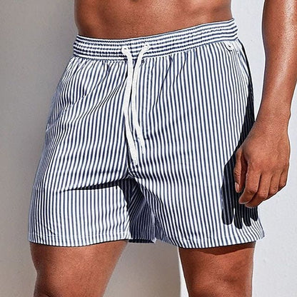 Men's Striped Swim Shorts with Drawstring Waist and Side Pockets