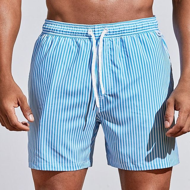 Men's Striped Swim Shorts with Drawstring Waist and Side Pockets