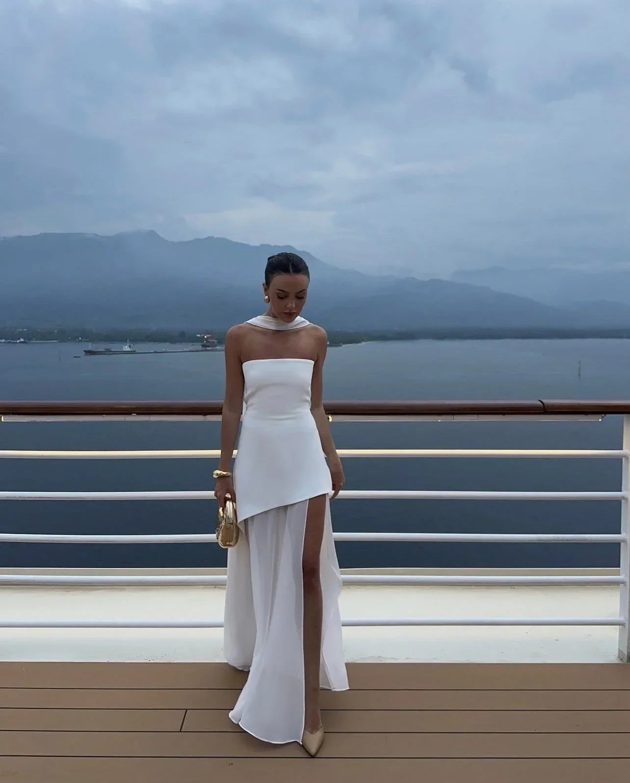 Women's Asymmetrical Strapless Maxi Dress with Layered Skirt