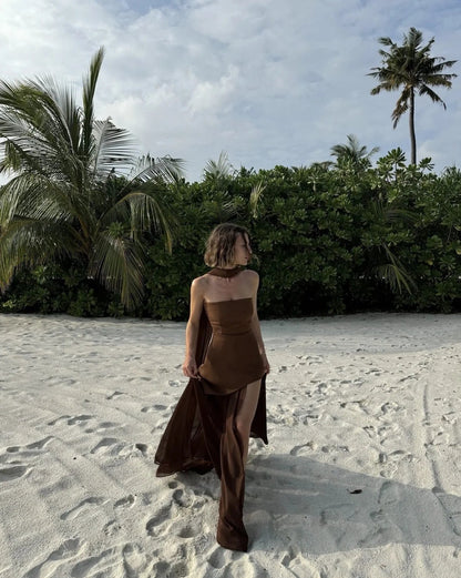 Women's Asymmetrical Strapless Maxi Dress with Layered Skirt