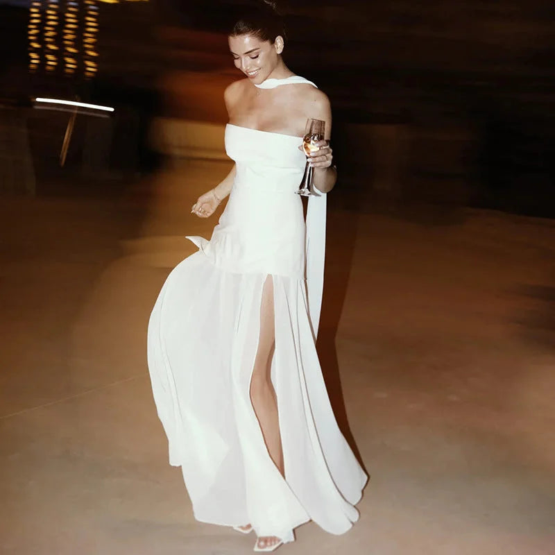 Women's Asymmetrical Strapless Maxi Dress with Layered Skirt