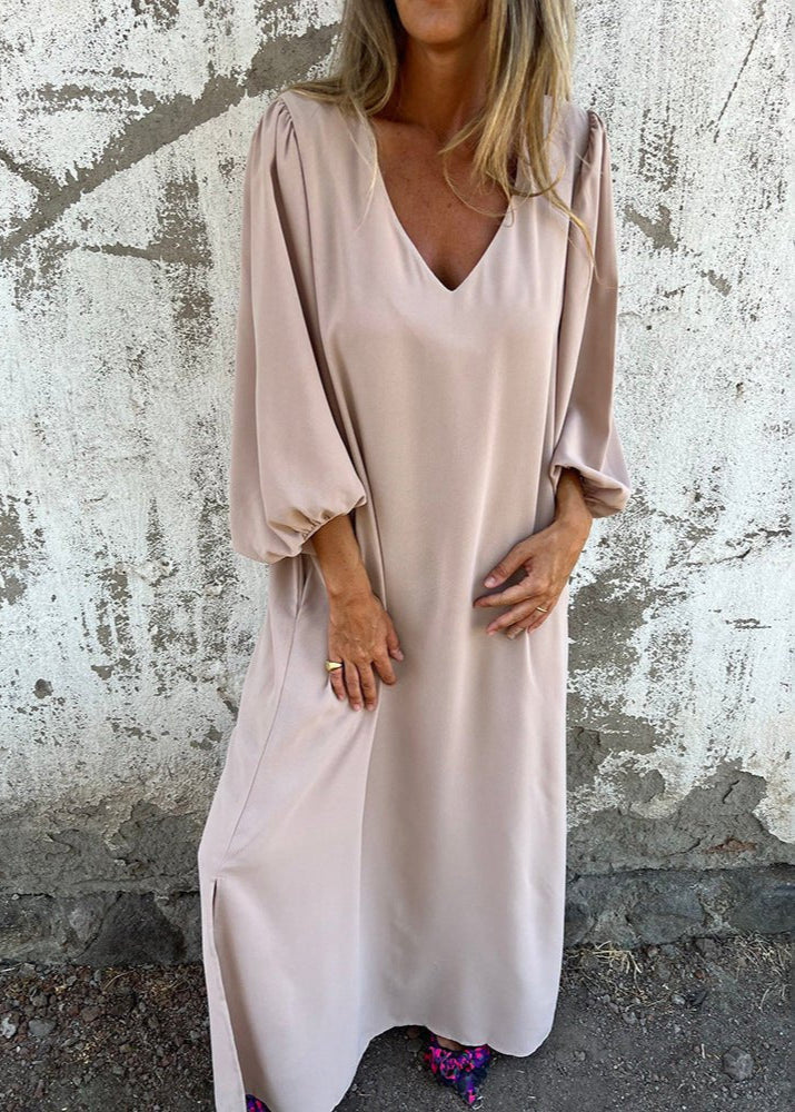 Women's Long Sleeve V-Neck Boho Maxi Dress with Pockets