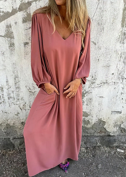 Women's Long Sleeve V-Neck Boho Maxi Dress with Pockets