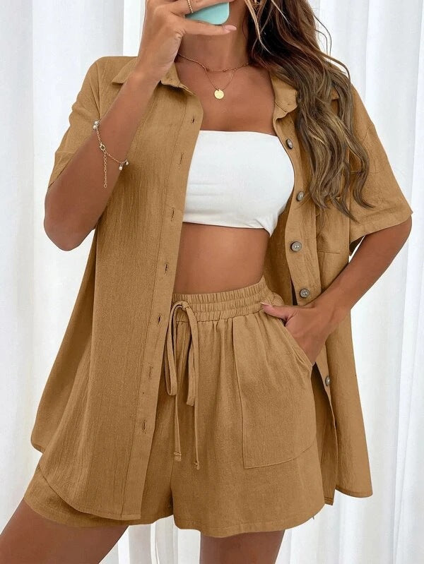 Women's Casual Two-Piece Set with Short Sleeve Top and Shorts
