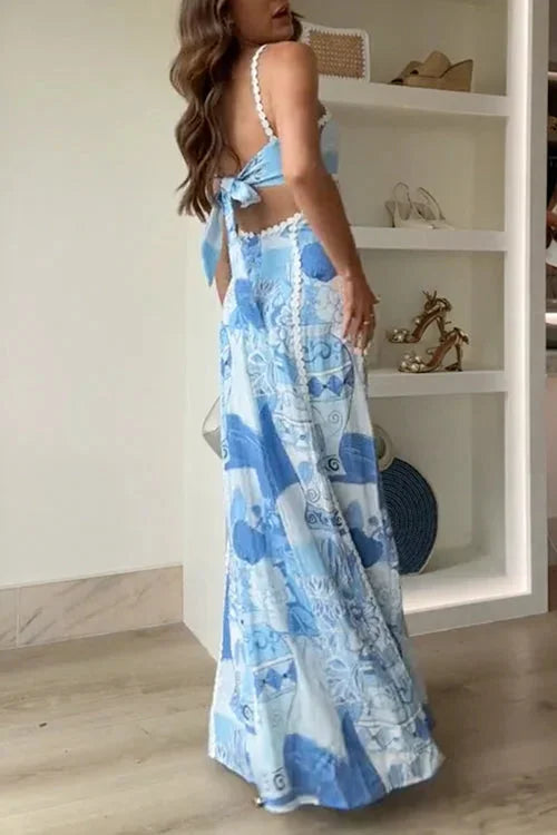 Women's Blue Patterned Maxi Dress with Lace Trim and Spaghetti Straps