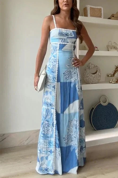 Women's Blue Patterned Maxi Dress with Lace Trim and Spaghetti Straps