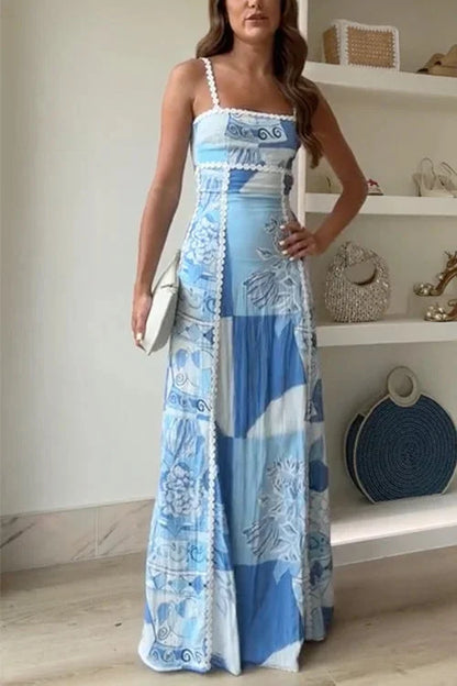 Women's Blue Patterned Maxi Dress with Lace Trim and Spaghetti Straps