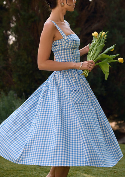 Women's Gingham Maxi Dress with Smocked Bodice and Straps