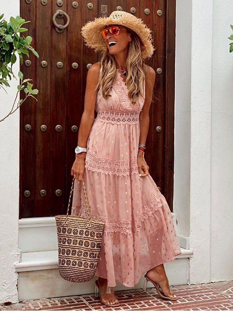 Women's Boho Maxi Dress with Tiered Skirt and Lace Trim